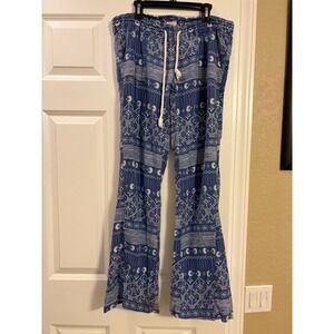 Roxy Women's Blue And White Flare Leg Linen Blend Beach Pants, Low Rise, Small